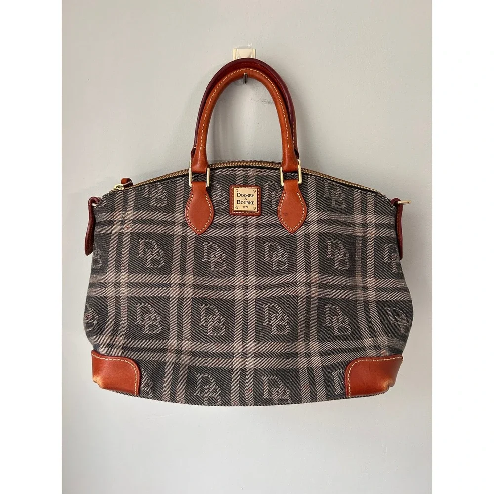 Dooney & Bourke Monogram Plaid Satchel Bag Leather Trim Cognac Gray